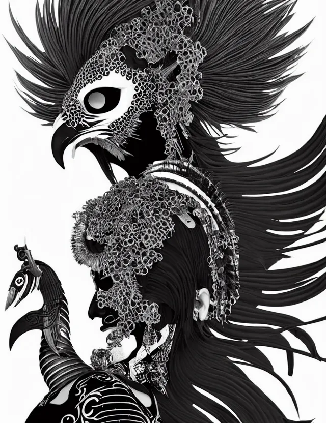 Image similar to 3 d goddess close - up profile portrait punk with mohawk with ram skull. beautiful intricately detailed japanese crow kitsune mask and clasical japanese kimono. betta fish, jellyfish phoenix, bio luminescent, plasma, ice, water, wind, creature, artwork by tooth wu and wlop and beeple and greg rutkowski