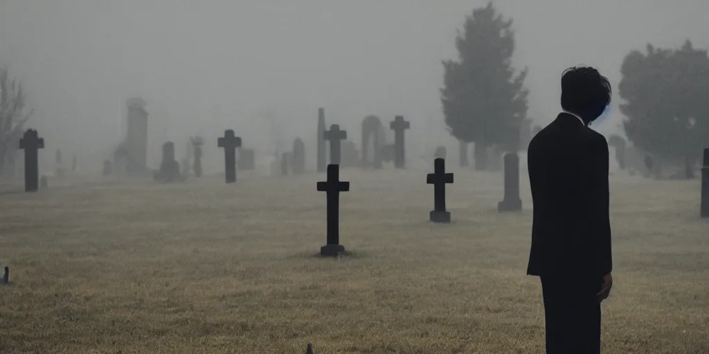 Image similar to Photo of a lone man in a black suit standing in a cemetery, bad weather