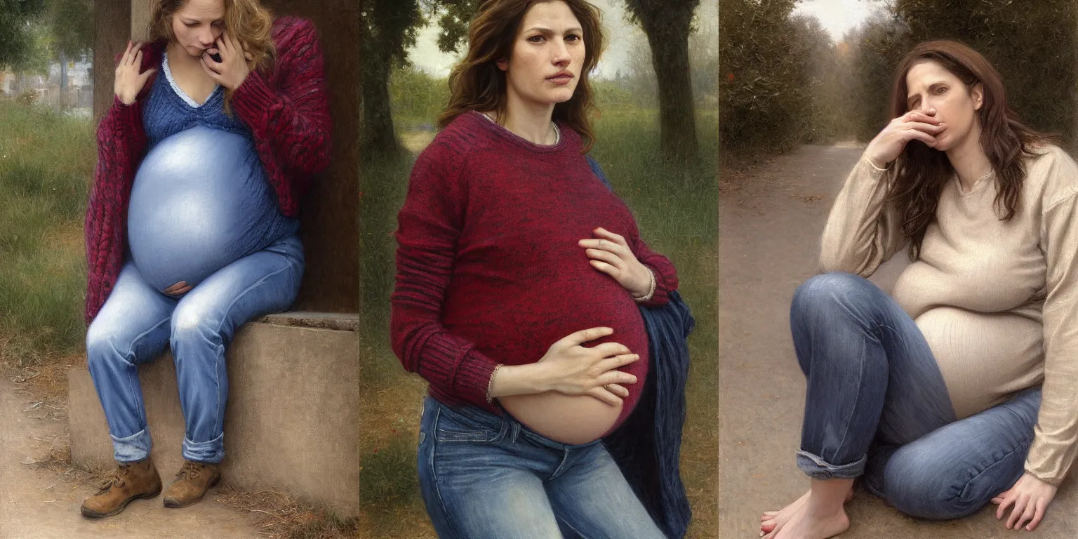 Prompt: pregnant woman in jeans and sweater waiting for the bus by Alyssa Monks, Bouguereau, oil on canvas. Hyper realism, realistic proportions, dramatic lighting, high detail 4k