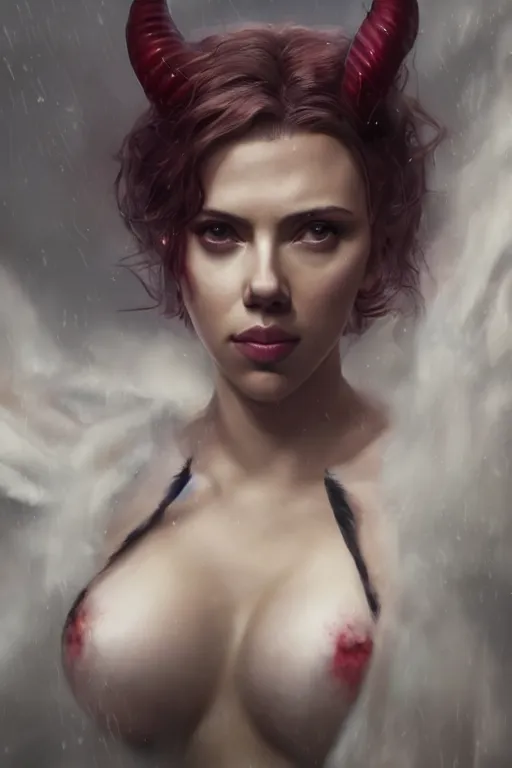 Image similar to a portrait of a very attractive Scarlett Johansson as a succubi by Greg Rutkowski, Sung Choi, Mitchell Mohrhauser, Maciej Kuciara, Johnson Ting, Maxim Verehin, Peter Konig, final fantasy , mythical, 8k photorealistic, cinematic lighting, HD, high details, atmospheric,