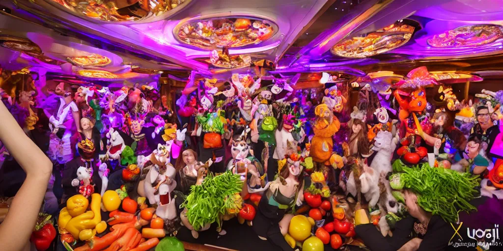 Image similar to 8 k uhd cinema 4 d, octane render of multiple cats dressed as vegetables with vegetables as masks, vegetables dressed as cats with fluffy tails, line dancing at a party, in the ballroom of a luxury cruise liner, beautiful chandeliers from the ceiling, ultra realistic, group photography, 1 0 5 mm lens, multi coloured volumetric lighting
