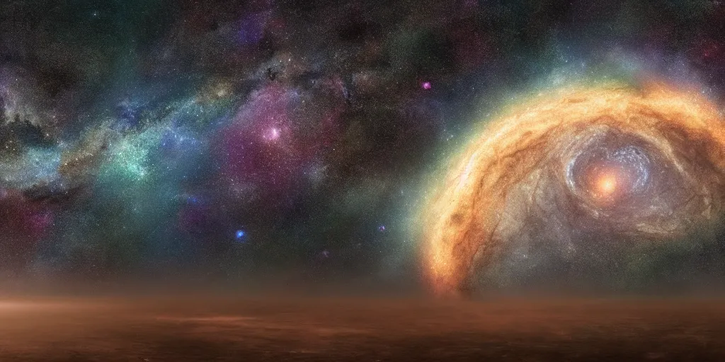 Image similar to astrological universe projected onto a cosmic radiation background, milky way galaxy in the distance, cosmic nebulous clouds, octane render, photorealistic illustration, colored pencil art, doug tenpal style, 8 k resolution,