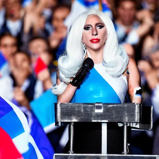 Image similar to Lady Gaga as president, Argentina presidential rally, Argentine flags behind, bokeh, giving a speech, detailed face, Argentina