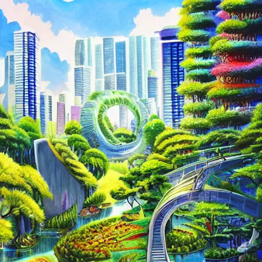 Image similar to Beautiful city of the future in harmony with nature. Nice colour scheme. Beautiful detailed painting by Lurid. (2022)