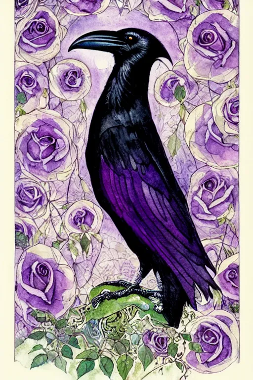 Image similar to single realistic raven in the center of an ornate purple rose frame, art by kay nielsen and walter crane, illustration style, watercolor