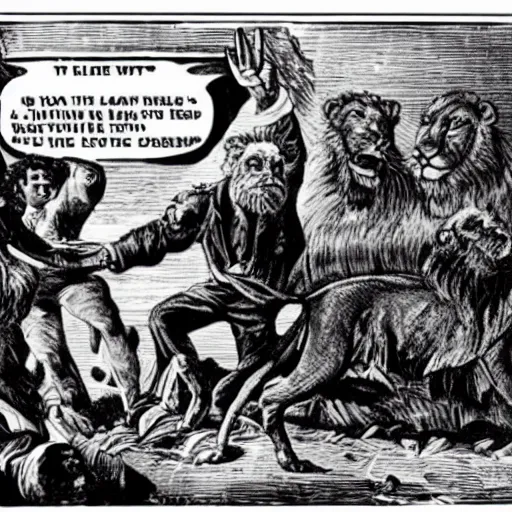 Image similar to Possessed Karl Marx stops a thousand giant lions from eating Earth