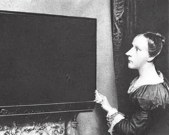 Image similar to 1 7 0 0 s photo of a person watching a flat screen hd tv