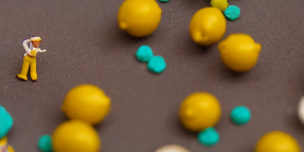 Image similar to a cinematic film still of a claymation stop motion film about a town made of lemons and candy, shallow depth of field, 8 0 mm, f 1. 8