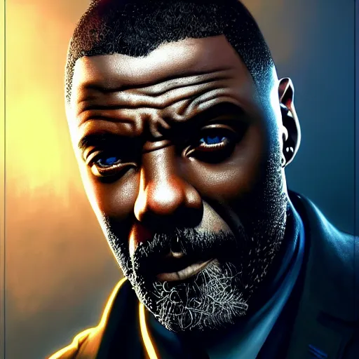 Image similar to portrait painting of a cyberpunk corporate boss dwarven idris elba, ultra realistic, concept art, intricate details, eerie, highly detailed, photorealistic, octane render, 8 k, unreal engine. art by artgerm and greg rutkowski and charlie bowater and magali villeneuve and alphonse mucha