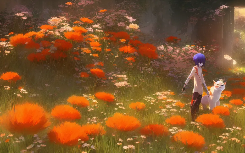 Prompt: cute orange cats in a field of flowers, digital illustration, by makoto shinkai and ruan jia