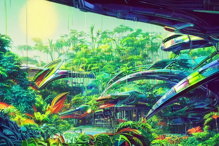 Prompt: retro futuristic jungle, DNA bio experiment, colourful futuristic landcape, neon bright lights, sci-fi concept art, by Studio Ghibli and Syd Mead, highly detailed vegetation, airbrush,