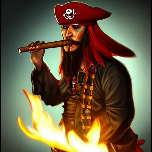 Image similar to pirate lighting his cigar with black dragon instead of lighter, digital art, trending on artstation