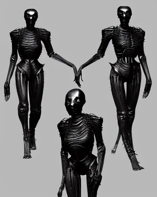 Prompt: H.R. Giger character design, black outfit with metallic and translucent parts. rib-cage is metallic. otherwordly humanoid. that steals faces. full body, render, trending on artstation, unreal engine 4k, detailed, Unreal engine, octane render