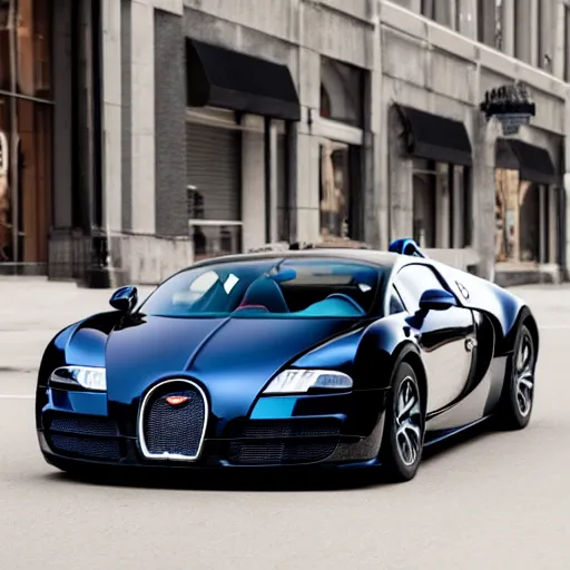 Image similar to photograph of a bugatti veyron on the streets of downtown kansas city missouri, daytime, realistic, 8 k