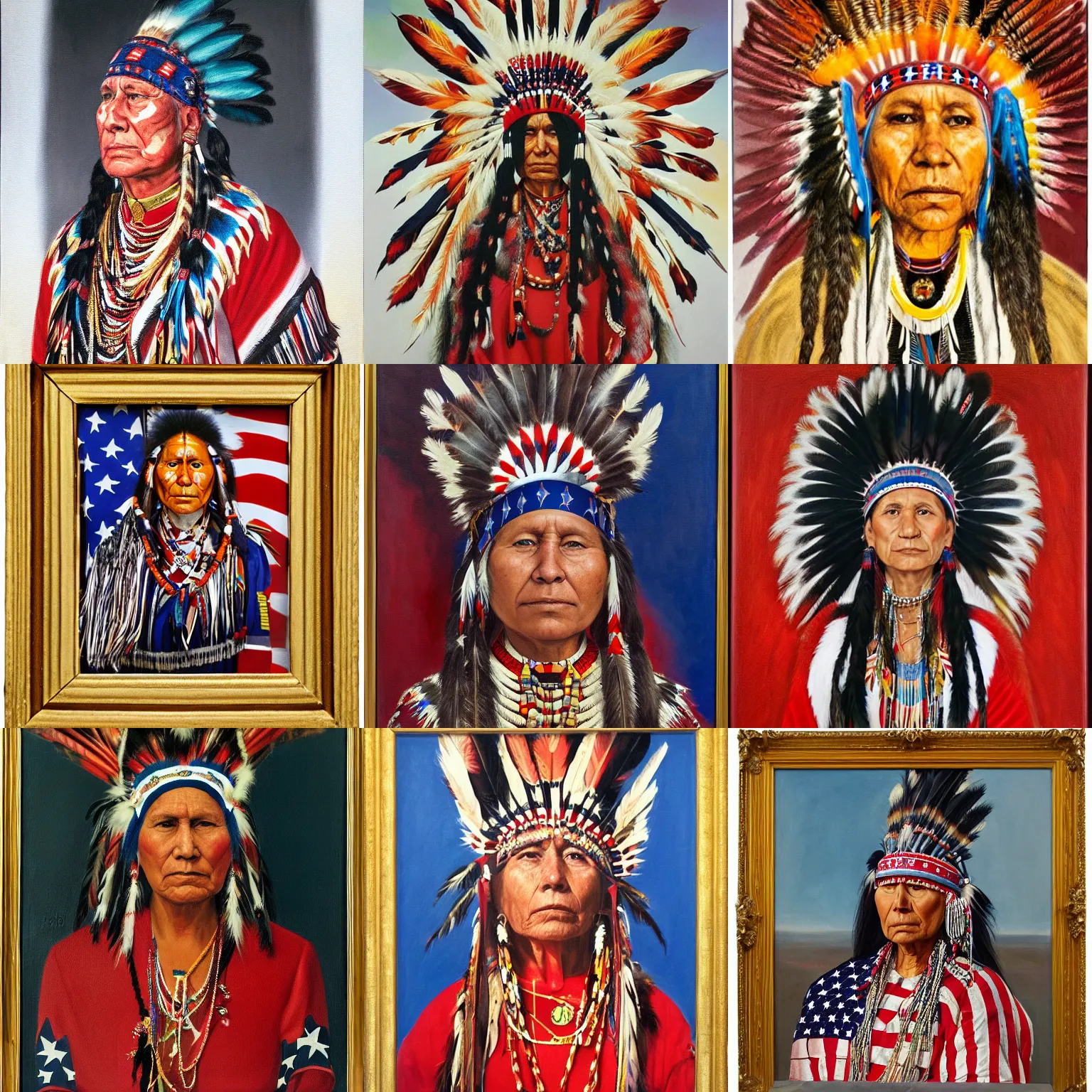 Prompt: Portrait of the United States Emperor in her Ceremonial Garb, 1966, she is a 35 year old Native American, Stars and Stripes, Oil on Canvas