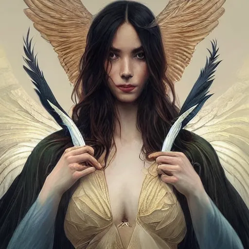 Image similar to a great lucifer, with beautiful wings, beautiful feather, beautiful eyes, olive skin, long dark hair, beautiful bone structure, intricate, elegant, highly detailed, digital painting, artstation, concept art, smooth, sharp focus, illustration, art by artgerm and greg rutkowski and alphonse mucha