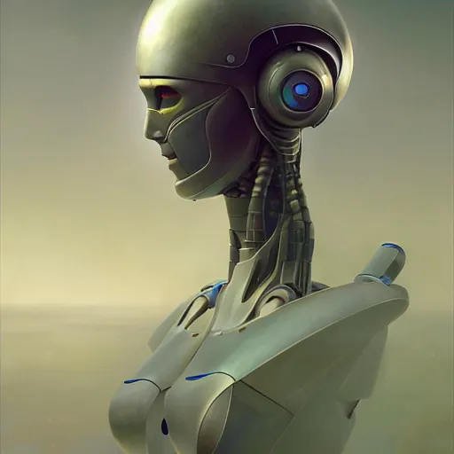 Image similar to expressive digital concept art portrait of a high - tech robot on a depth of field background, artstation, award - winning realistic sci - fi concept art by jim burns and greg rutkowski, beksinski, a realism masterpiece, expressive color palette, james gilleard, bruegel, alphonse mucha, and yoshitaka amano