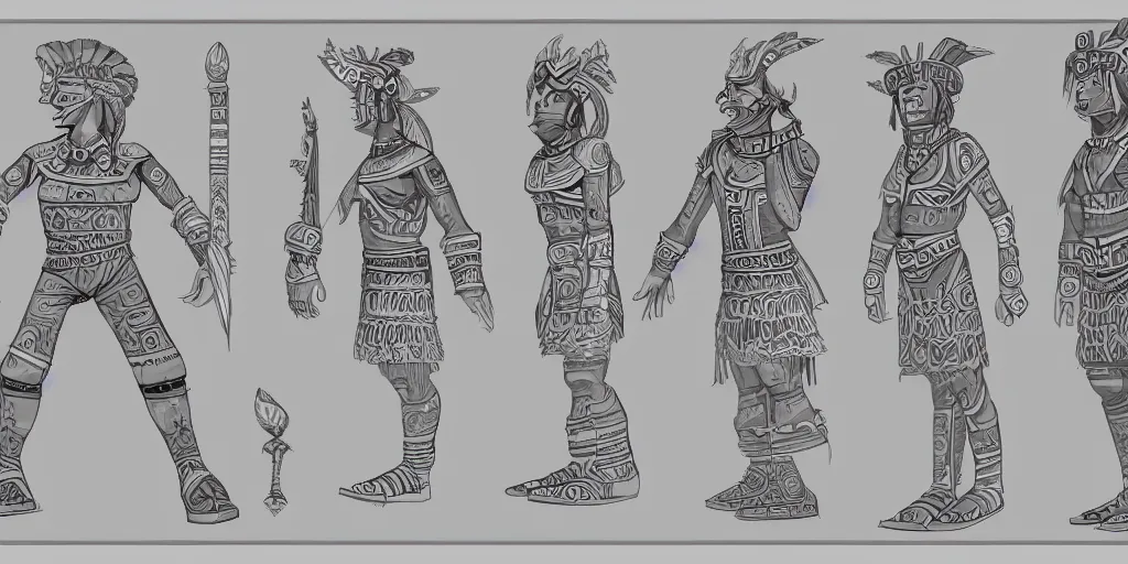 Prompt: highly detailed character sheet, technical drawing, side view, aztec game protagonist designs, side - scrolling 2 d platformer