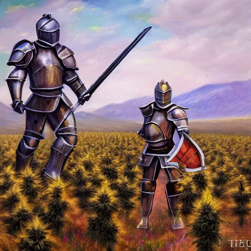 Image similar to a highly detailey oil painting of a full armored knight in a cannabis field. brush strokes. 4 k. colorful. photoshop. trending on artstation