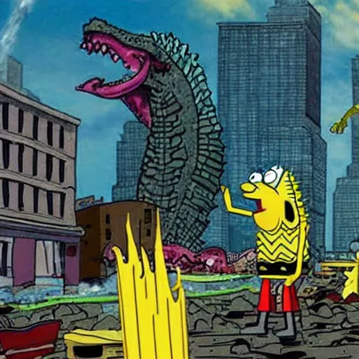 Prompt: Spongebob Godzilla destroying a city