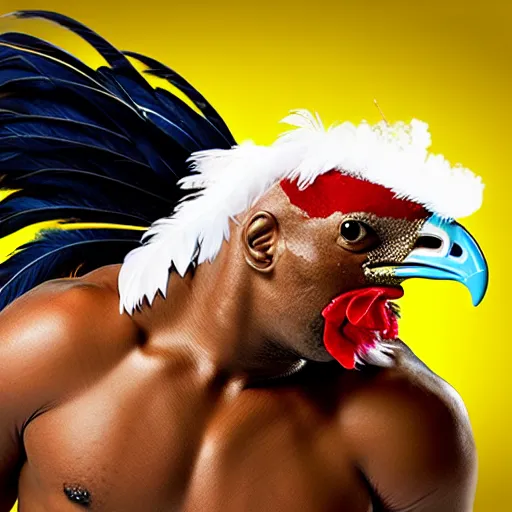 Image similar to uhd mike tyson with feathers and a beack, resembling a chicken