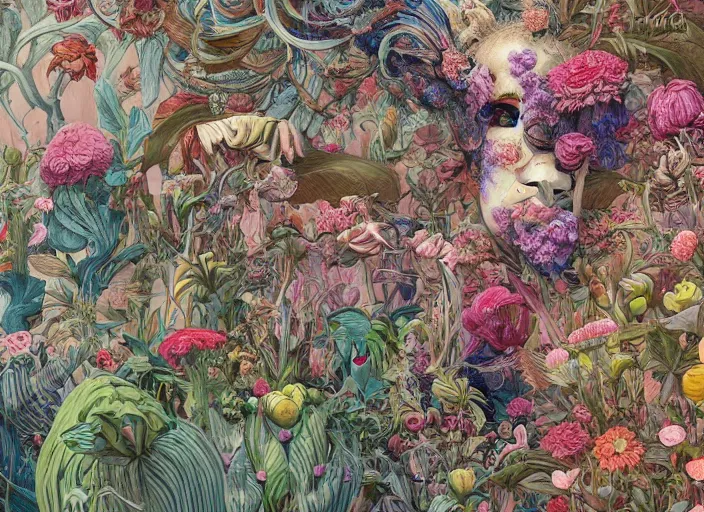 Prompt: a painting of an strange creature surrounded by a lot of beautiful flowers and exotic plants, a detailed painting by james jean, behance contest winner, space art, ultrafine detailed painting, biomorphic, high detail