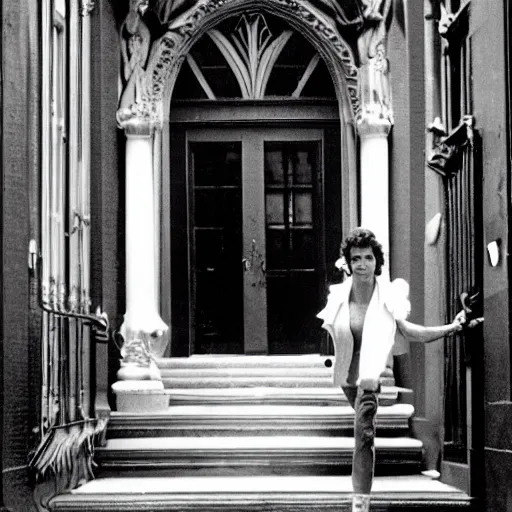 Image similar to detailed still of Ripley-Sigourney Weaver wearing a white singlet and cat Jonesy moving apartment New York City 1983, gothic building entrance way Art Deco, cinematic feel, high octane