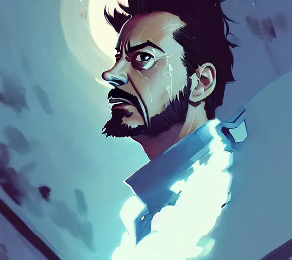 Image similar to portrait tony stark having a nightmare atey ghailan, by greg rutkowski, by greg tocchini, by james gilleard, by joe fenton, by kaethe butcher, by ashley wood, dynamic lighting, gradient light blue, brown, blonde cream and white color scheme, grunge aesthetic