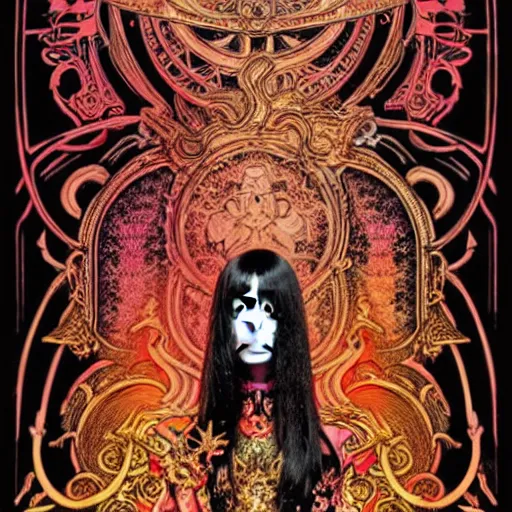 Image similar to jisoo + blackpink + elements + red + gold + neon + baroque + rococo + white + orange + ink + tarot card, ornate + by marc simonetti, paul pope, peter mohrbacher, detailed, intricate ink illustration + damask + award winning + 8 k