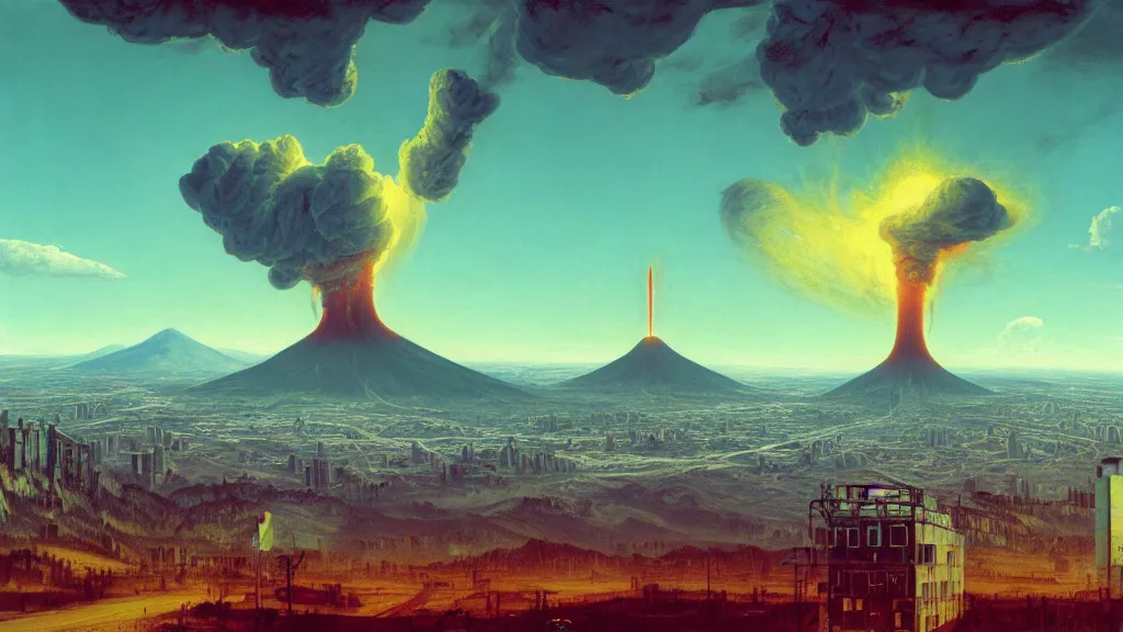 Image similar to Nuclear Fallout towering over the town of Quito by Simon Stålenhag and J.M.W. Turner, oil on canvas; Art Direction by Adam Adamowicz; 4K, 8K epic drone shots; Ultra-Realistic Depth Shading