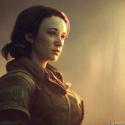 Image similar to fallout 5, charismatic brunette female protagonist, portrait, atmospheric lighting, painted, intricate, volumetric lighting, beautiful, daytime, sunny weather, slight overcast, sharp focus, deep colours, ultra detailed, by leesha hannigan, ross tran, thierry doizon, kai carpenter, ignacio fernandez rios