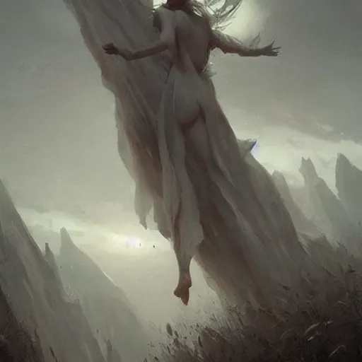 Image similar to a beautiful terrifying pale humanoid giant strides across the landscape. ethereal fantasy art by greg rutkowski