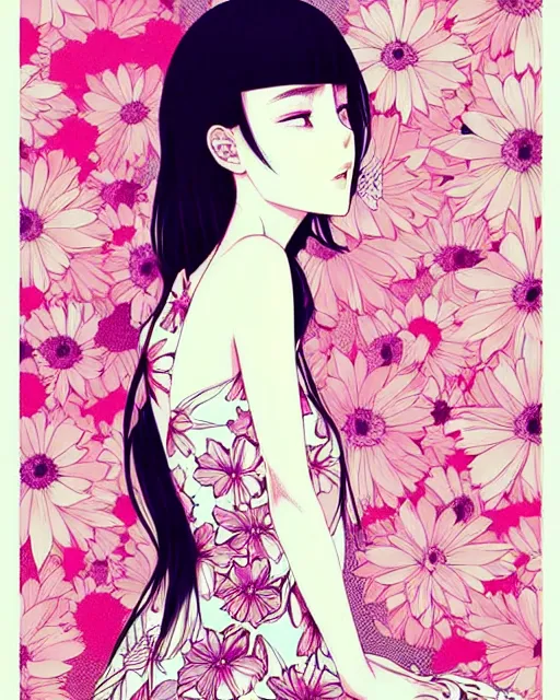 Image similar to beautiful girl next to floral bomb, detailed manga illustration!! intricate details, perfect face, perfect body, aesthetically pleasing pastel colors, poster background, aesthetic details, art by conrad roset and ilya kuvshinov