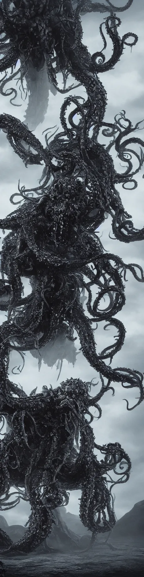 Image similar to extra wide view. Kraken. Ominous. Gothic medieval. Dry ground cracks. Cinematic. Epic composition. Fog. Realistic cinematography. Hyper-detailed. Photoreal. 8k