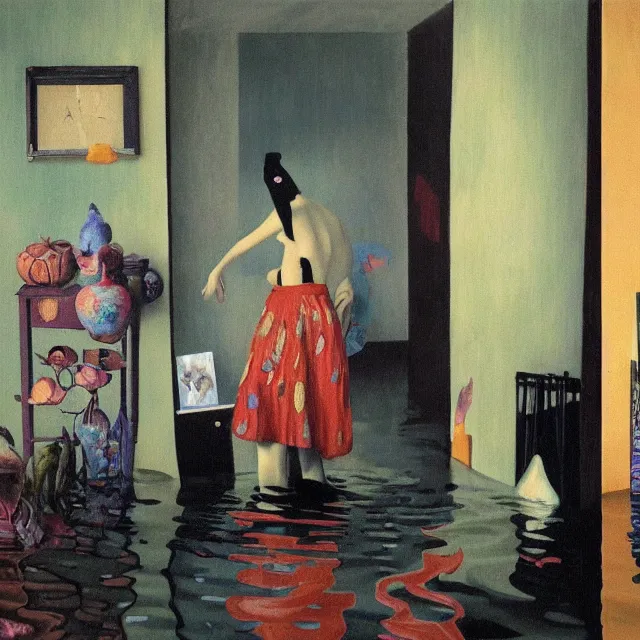 Image similar to tall female emo artists in their flooded apartment, painting of flood waters inside an artist's home, a river flooding indoors, pomegranates, pigs, ikebana, zen, water, octopus, river, rapids, waterfall, black swans, canoe, berries, acrylic on canvas, surrealist, by magritte and monet