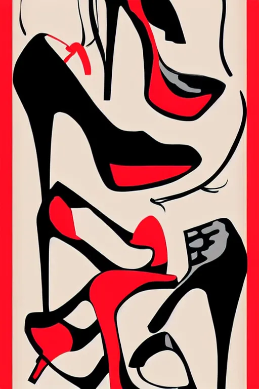 Image similar to black high heels with red bottoms, illustration, graphic design, high fashion, wall art, elegant, pop art style,