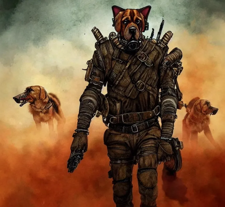 Image similar to a good ol'bloodhound pup fursona ( from the furry fandom ), heavily armed and armored facing down armageddon in a dark and gritty version from the makers of mad max : fury road. witness me.