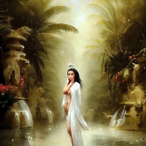 Image similar to monsoon on tropical island, oriental goddess in white, elegant, frontal, ornate, beautiful, atmosphere, vibe, mist, coconuts, rain, wet, pristine, puddles, melting, dripping, snow, creek, lush, ice, bridge, forest, roses, flowers, by stanley artgerm lau, greg rutkowski, francisco de goya