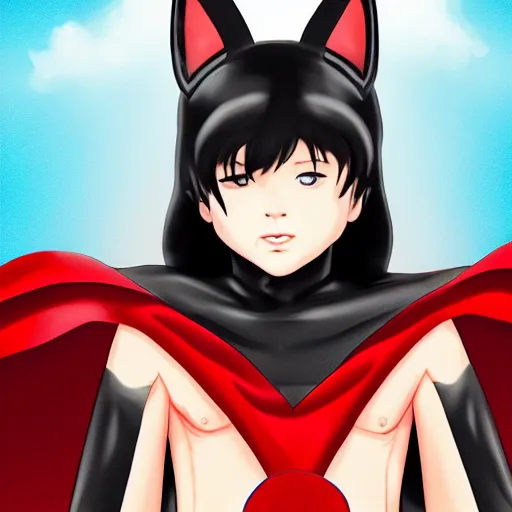 Prompt: little boy with cat ears in an black latex suit with red cape. digital artwork made by lois van baarle and kentaro miura, sharpness focus, anatomically correct, heroic composition