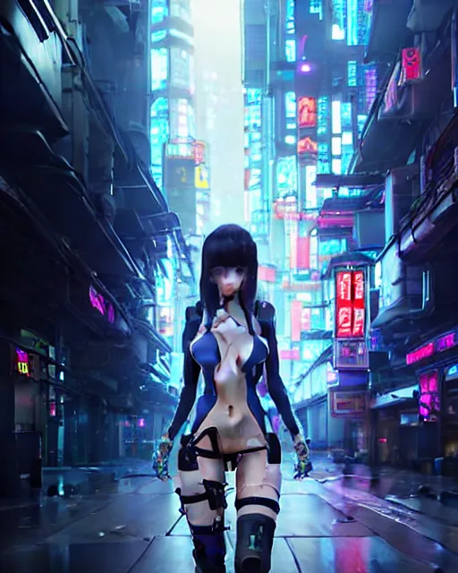 Image similar to Beautiful full body portrait of beautiful cyberpunk anime woman by Greg Rutkowski and Krenz Cushart and Pan_Ren_Wei and Hongkun_st and Bo Chen and Enze Fu and WLOP and Alex Chow, Madhouse Inc., anime style, crepuscular rays, set in rainy futuristic cyberpunk Tokyo street, dapped light, dark fantasy, feminine figure, smooth skin, gorgeous, pretty face, beautiful fashion model body, high detail, hyper realistic, cgsociety, trending on artstation