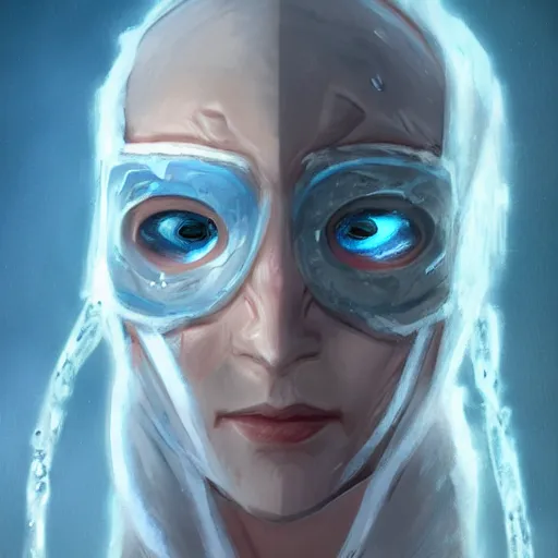 Image similar to snow bandit from ‘ icewind dale ’ with a frost blue gem mask lined with copper, ‘ icewind dale 2 ’ profile portrait by ‘ justin sweet ’, falling snow, soft focus, illustration, oil paint, artstation