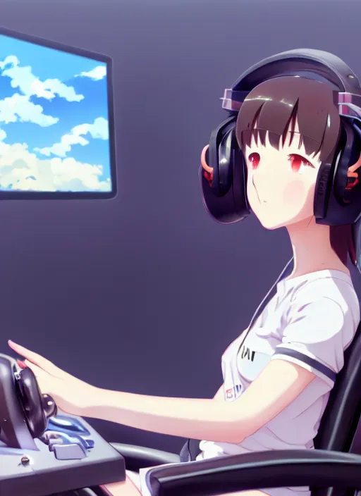 Prompt: portrait of cute girl driving on simracing simulator, personal room background, illustration concept art anime key visual trending pixiv fanbox by wlop and greg rutkowski and makoto shinkai and studio ghibli and kyoto animation, fanatec peripherals, playseat evolution, symmetrical facial features, small headphones, ferrari, sf 1 0 0 0