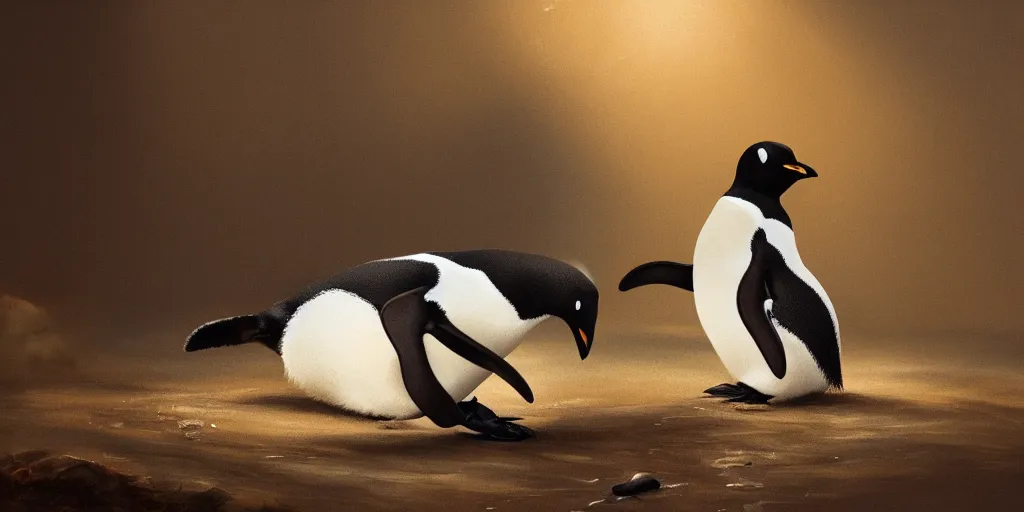 Image similar to a penguin realizing his mortality, cinematic lighting, detailed oil painting, hyperrealistic, 8k