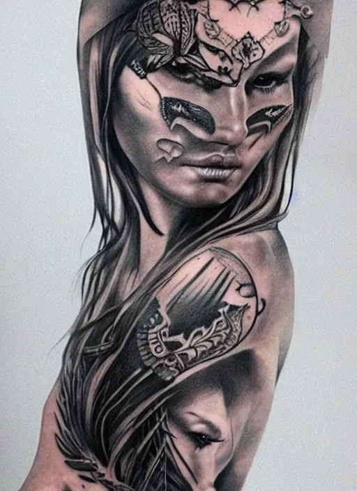 Image similar to tattoo design of a hyper - realistic beautiful girl warrior, hyper detailed, in the design of eliot kohek, white background