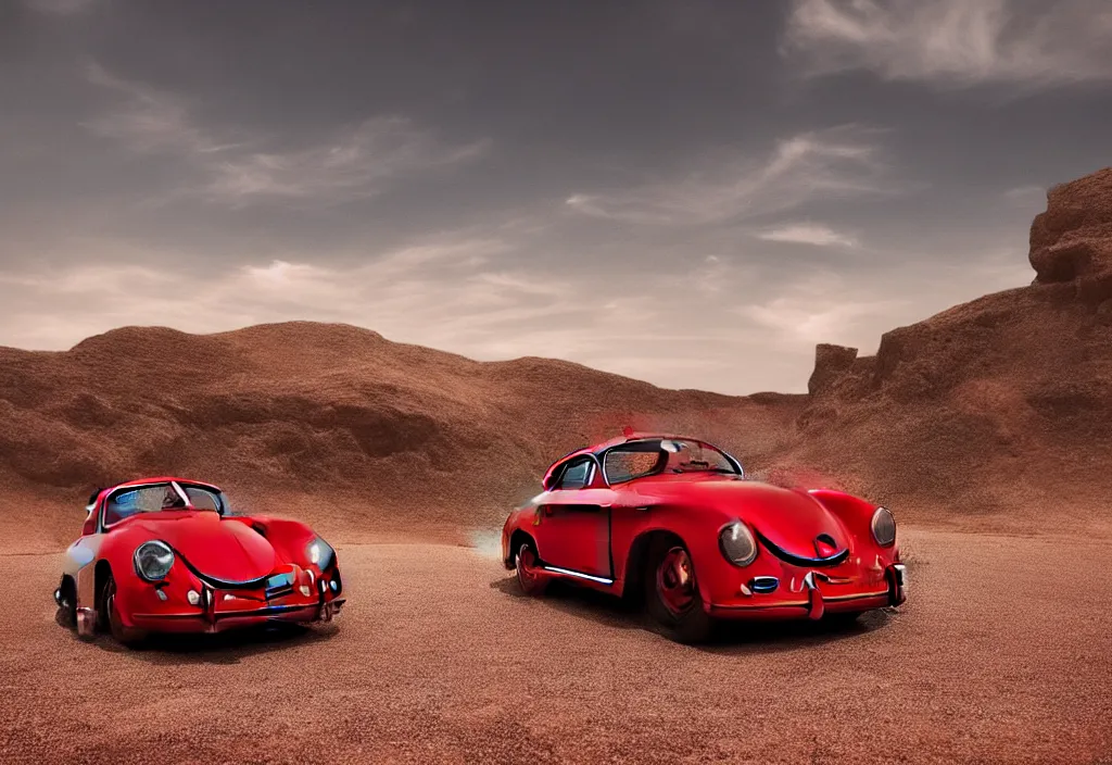 Image similar to “a red porsche 356 is parked in the middle of the desert, a matte painting by Scarlett Hooft Graafland, featured on unsplash, australian tonalism, anamorphic lens flare, cinematic lighting, rendered in unreal engine”