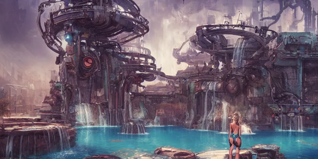Image similar to beautiful pool waterfalls surrounded by alien robots, steel archways, industrial buildings, rusty metal towers, sun setting, ross tran, fantasy, james jean, peter morbacher, angelarium, alchemy, luxury, heavenly light, soft illumination, trending on artstation, cinematic lighting, digital painting, octane render, artgerm