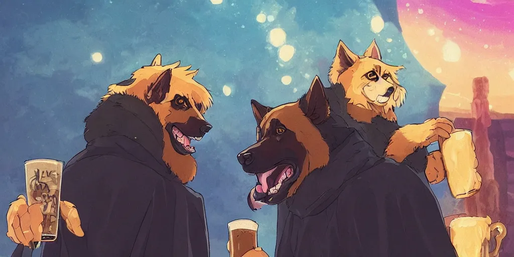 Image similar to a two german shepherds beast - men, holding a mug of beer, a lot of pockets, fur cape, tavern background, magical, bright, colorful, fantastic lighting, amazing details, 4 k uhd, illustration by hayao miyazaki and makoto shinkai and ilya kuvshinov, artstation, pixiv,