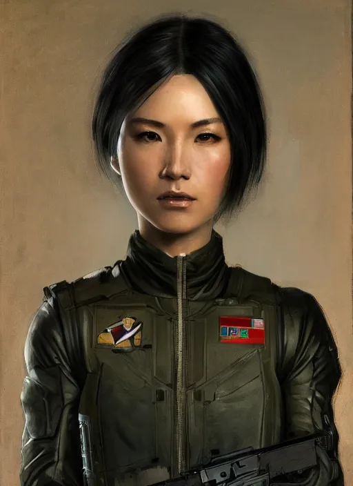 Image similar to Nikki tanaka. beautiful cyberpunk female USN marine wearing a military vest and military stealth suit (cyberpunk 2077, bladerunner 2049). gorgeous face. Iranian orientalist portrait by john william waterhouse and Edwin Longsden Long and Theodore Ralli and Nasreddine Dinet, oil on canvas. Cinematic, hyper realism, realistic proportions, dramatic lighting, high detail 4k