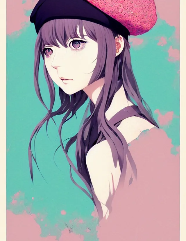 Image similar to singular girl wearing a beret, very anime!!! anime!! intricate details, aesthetically pleasing pastel colors, cool shaded poster background, art by conrad roset and ilya kuvshinov