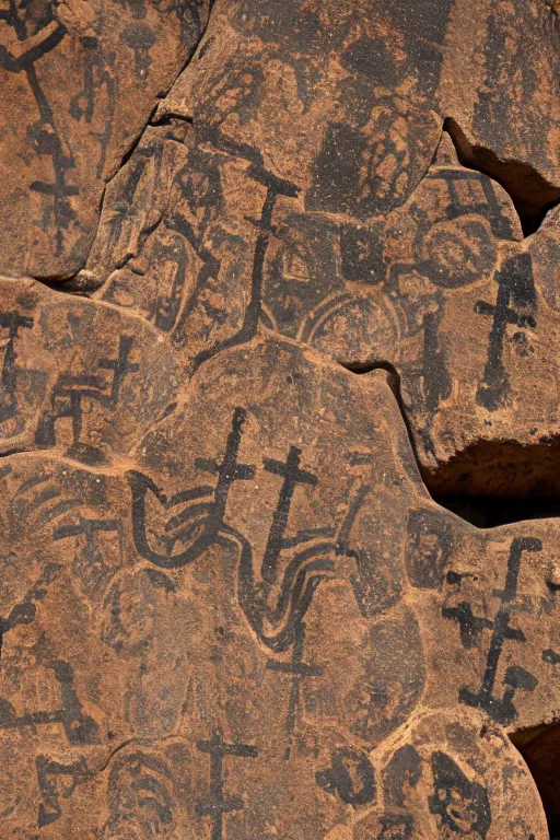 Image similar to 4 k photography of petroglyphs representing crosses, sauwastica, wifi symbol on a cave